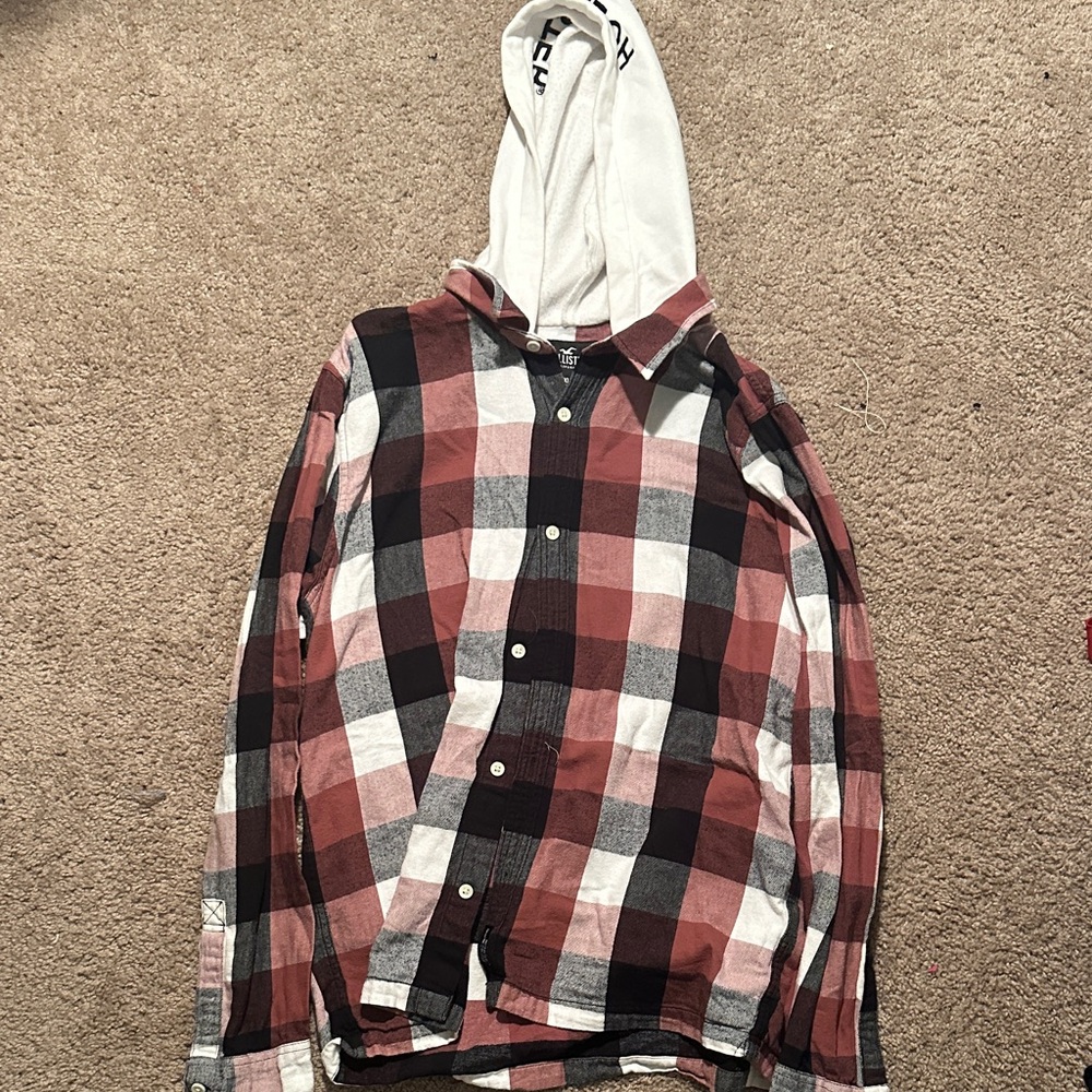 Hollister Red and White Plaid Shirt with Hood